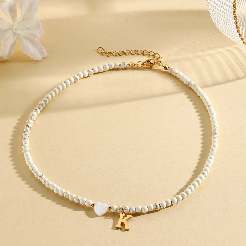 Bohemian Choker neck Initial necklaces heart-shaped shell letter pendant beads Women's stainless steel necklace woman trend2024