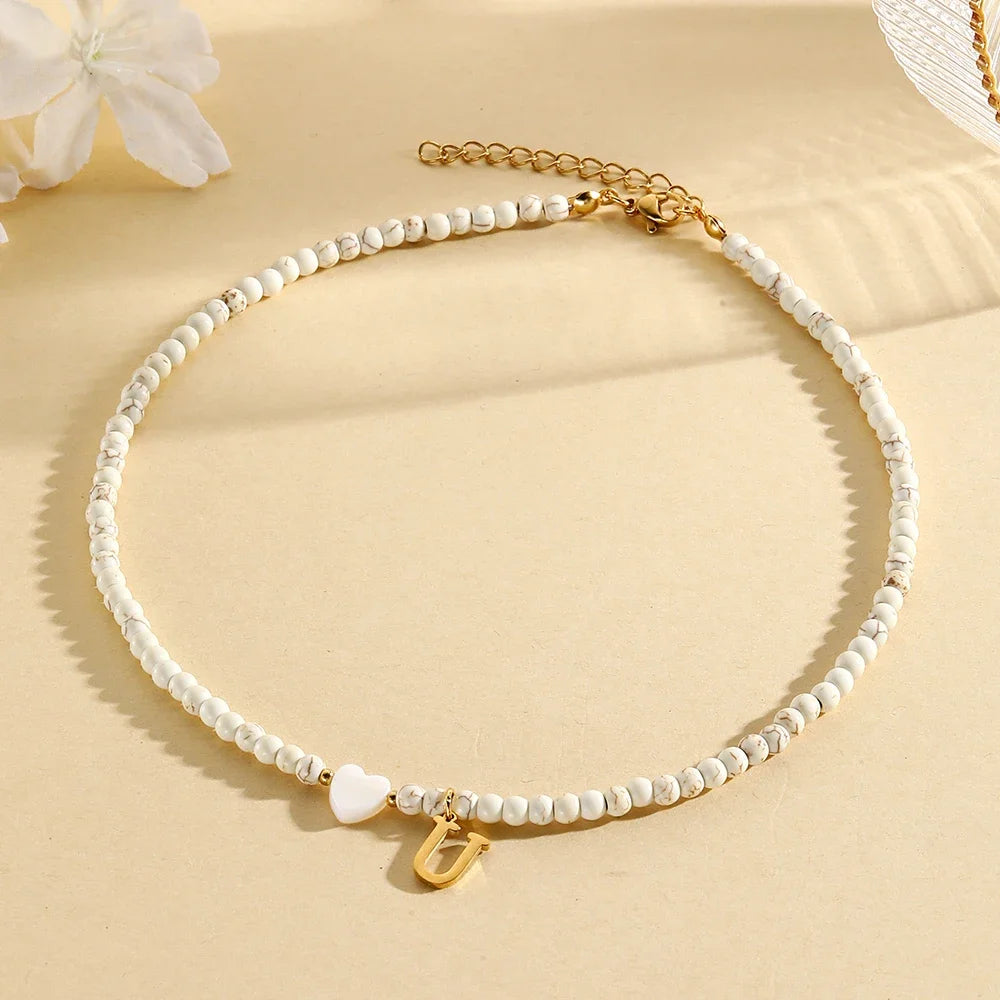 Bohemian Choker neck Initial necklaces heart-shaped shell letter pendant beads Women's stainless steel necklace woman trend2024