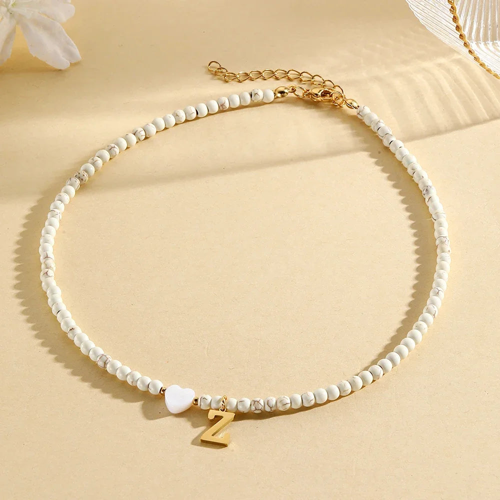 Bohemian Choker neck Initial necklaces heart-shaped shell letter pendant beads Women's stainless steel necklace woman trend2024