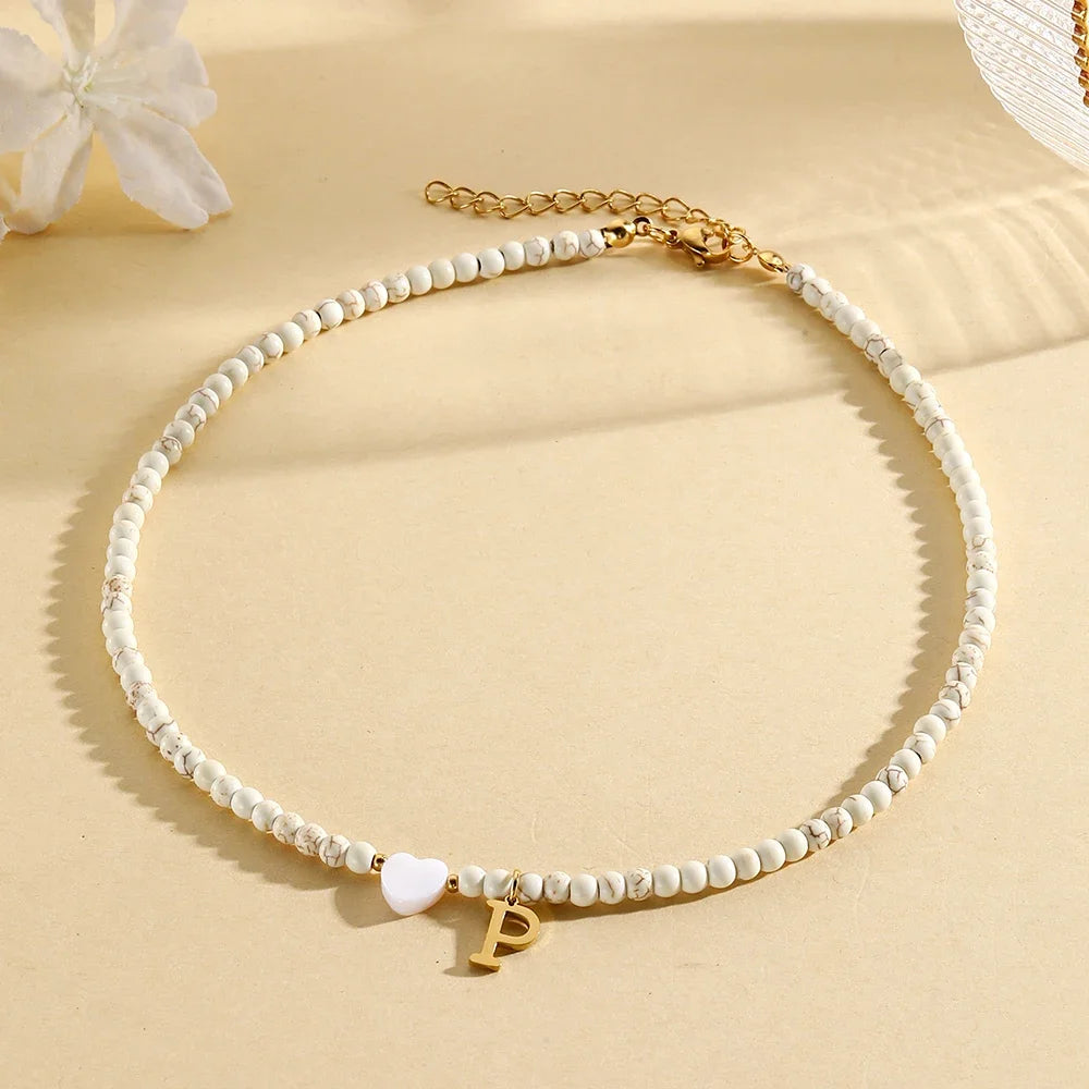 Bohemian Choker neck Initial necklaces heart-shaped shell letter pendant beads Women's stainless steel necklace woman trend2024