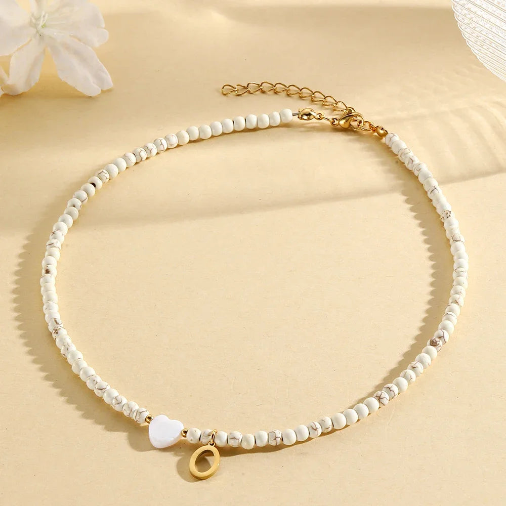 Bohemian Choker neck Initial necklaces heart-shaped shell letter pendant beads Women's stainless steel necklace woman trend2024