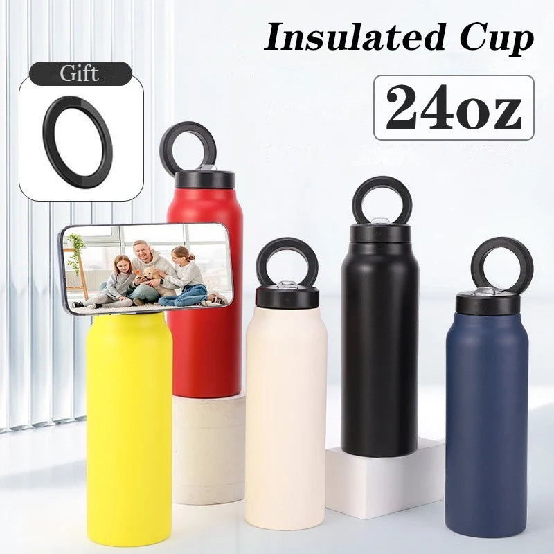 24oz Insulated Stainless Steel Sports Water Bottle with Magnetic Lid & Phone Holder - BPA-Free Perfect for Outdoor Activities