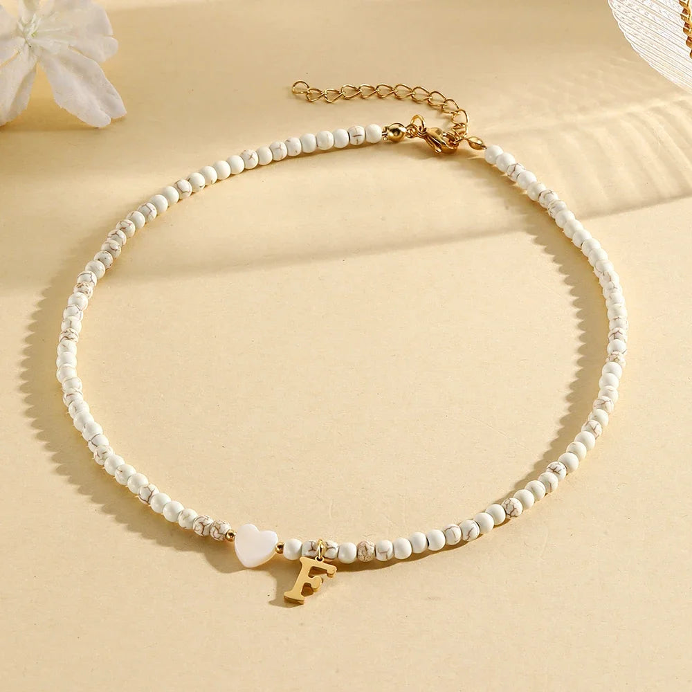 Bohemian Choker neck Initial necklaces heart-shaped shell letter pendant beads Women's stainless steel necklace woman trend2024