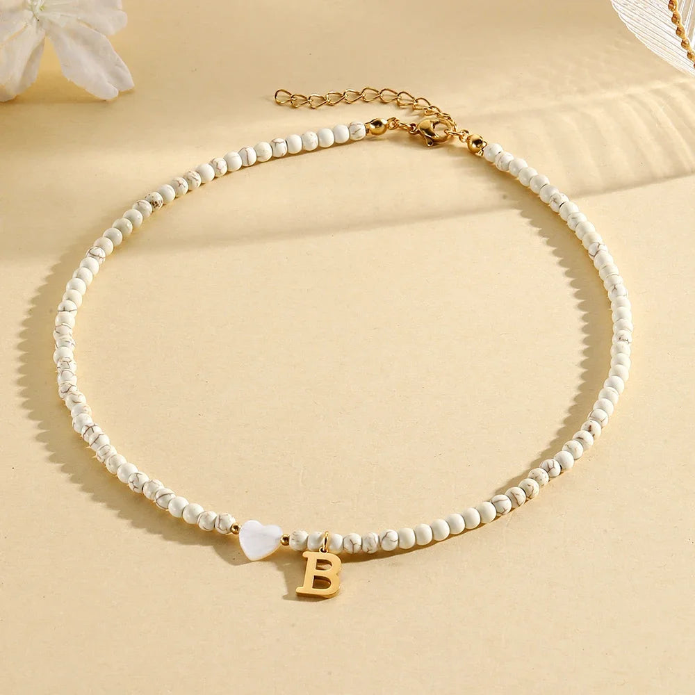 Bohemian Choker neck Initial necklaces heart-shaped shell letter pendant beads Women's stainless steel necklace woman trend2024