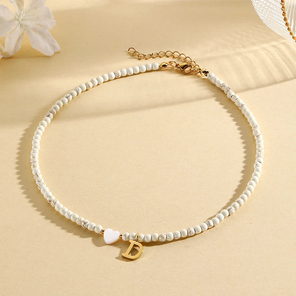 Bohemian Choker neck Initial necklaces heart-shaped shell letter pendant beads Women's stainless steel necklace woman trend2024