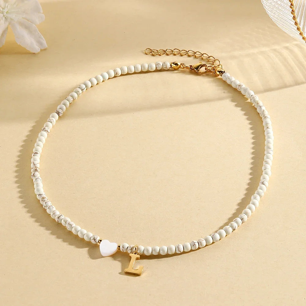 Bohemian Choker neck Initial necklaces heart-shaped shell letter pendant beads Women's stainless steel necklace woman trend2024