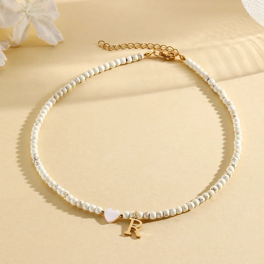 Bohemian Choker neck Initial necklaces heart-shaped shell letter pendant beads Women's stainless steel necklace woman trend2024
