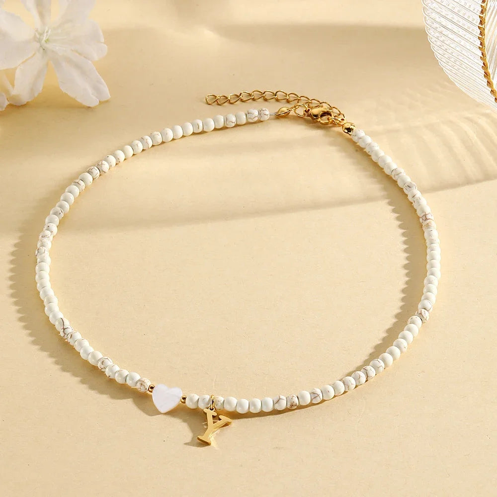 Bohemian Choker neck Initial necklaces heart-shaped shell letter pendant beads Women's stainless steel necklace woman trend2024