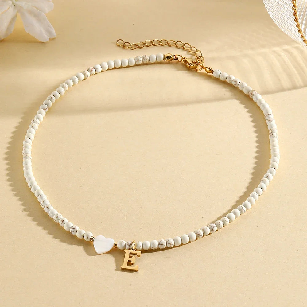 Bohemian Choker neck Initial necklaces heart-shaped shell letter pendant beads Women's stainless steel necklace woman trend2024