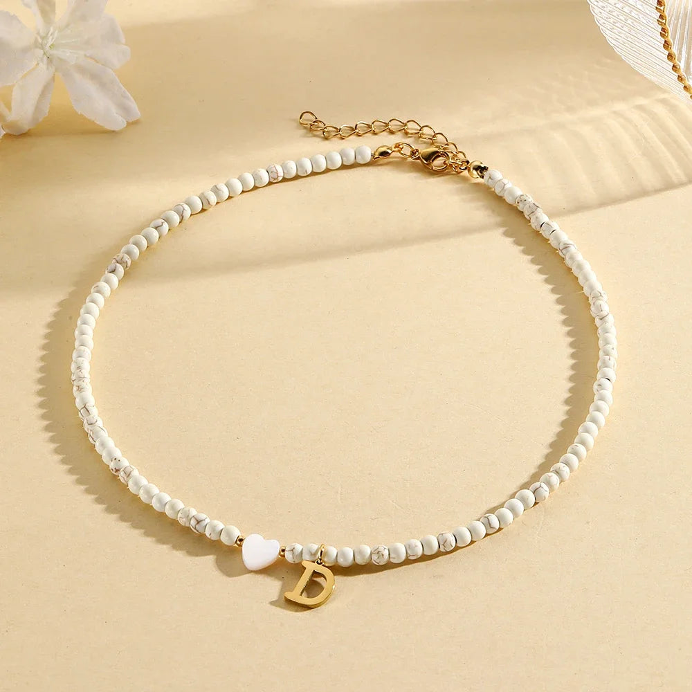 Bohemian Choker neck Initial necklaces heart-shaped shell letter pendant beads Women's stainless steel necklace woman trend2024