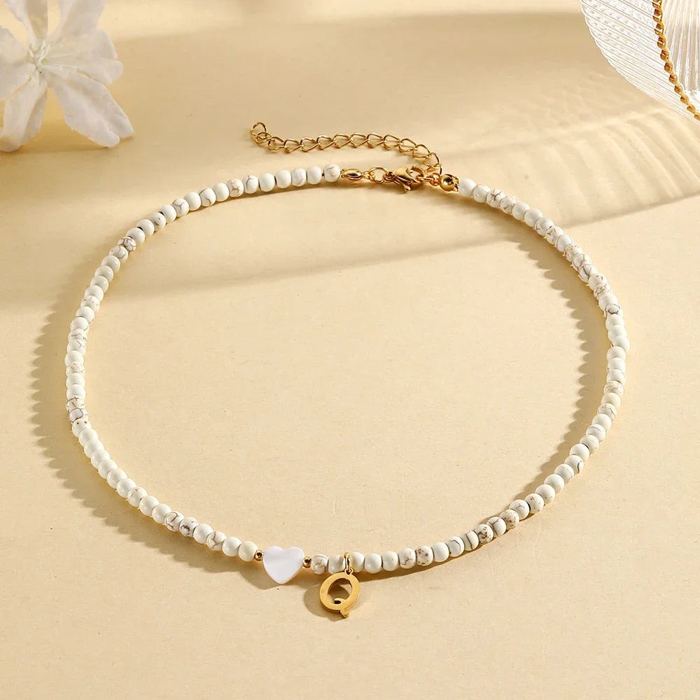 Bohemian Choker neck Initial necklaces heart-shaped shell letter pendant beads Women's stainless steel necklace woman trend2024