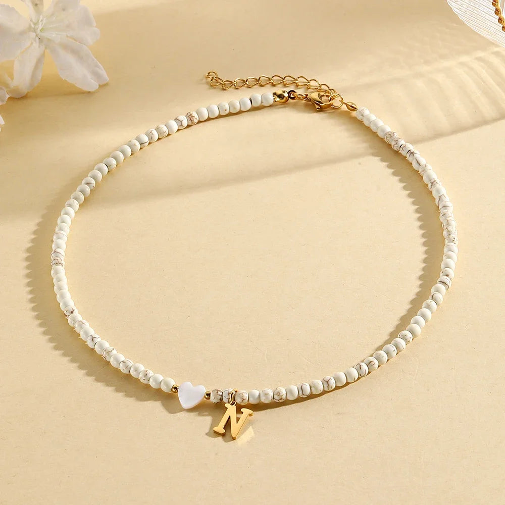 Bohemian Choker neck Initial necklaces heart-shaped shell letter pendant beads Women's stainless steel necklace woman trend2024