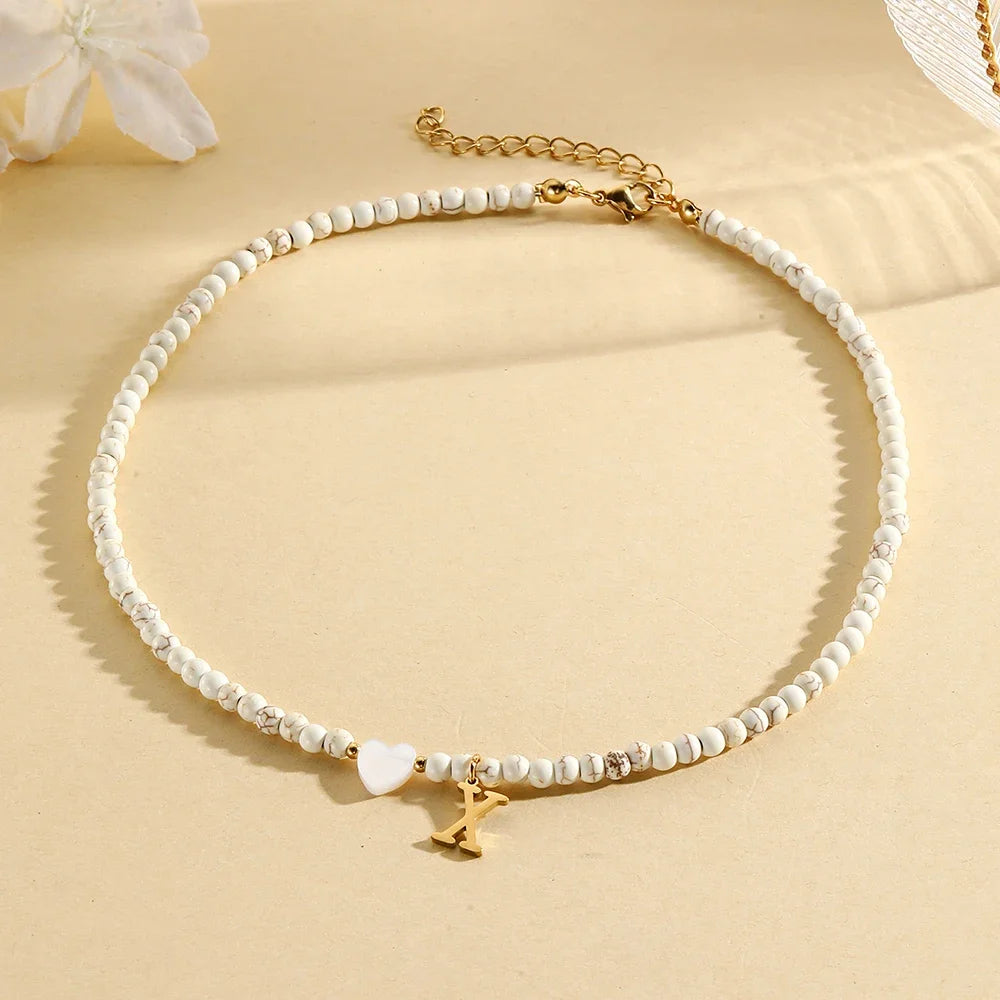 Bohemian Choker neck Initial necklaces heart-shaped shell letter pendant beads Women's stainless steel necklace woman trend2024