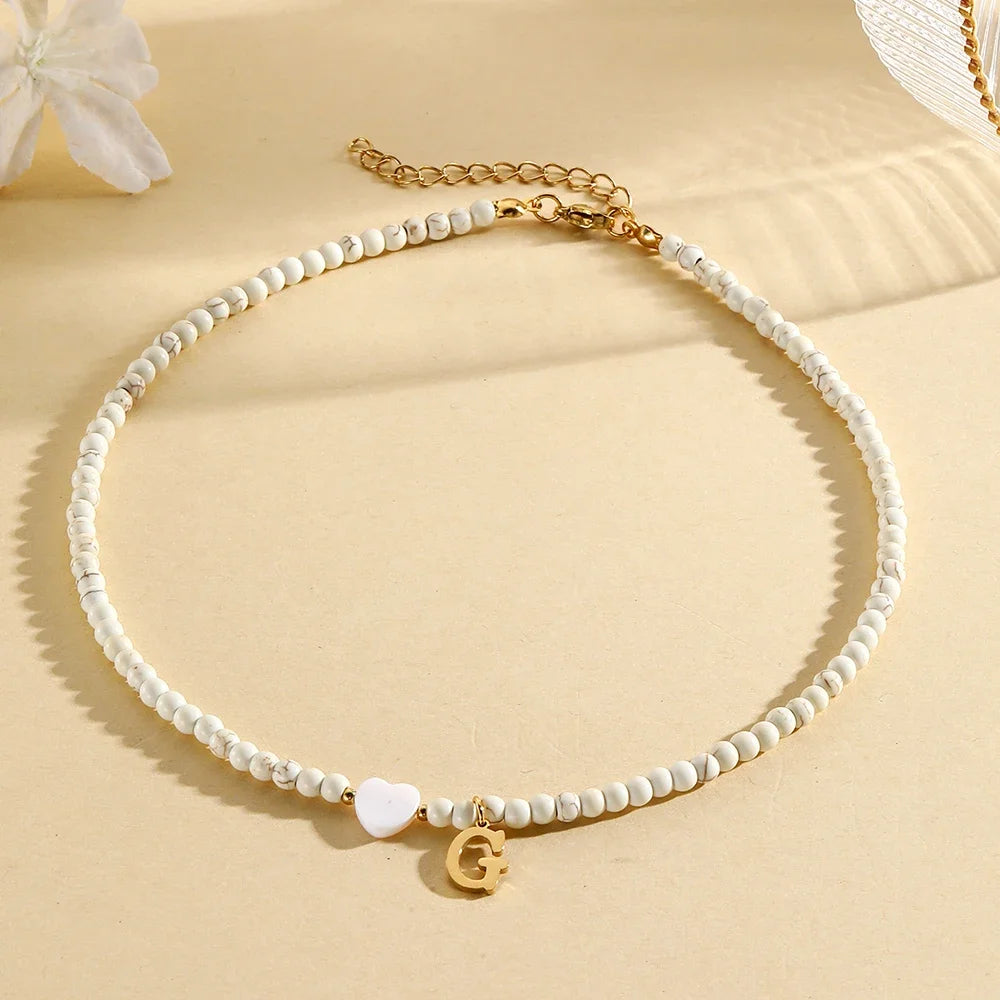 Bohemian Choker neck Initial necklaces heart-shaped shell letter pendant beads Women's stainless steel necklace woman trend2024