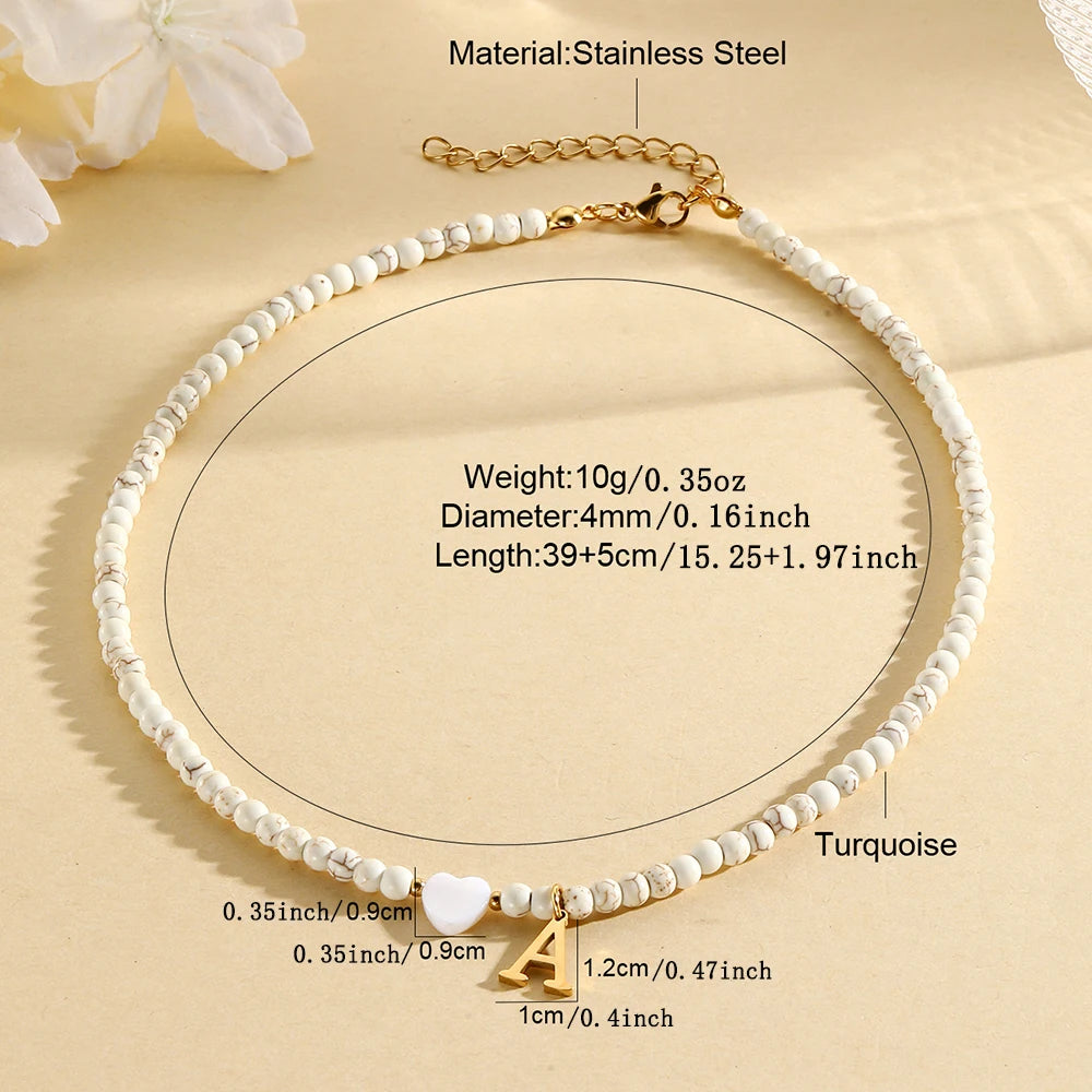 Bohemian Choker neck Initial necklaces heart-shaped shell letter pendant beads Women's stainless steel necklace woman trend2024