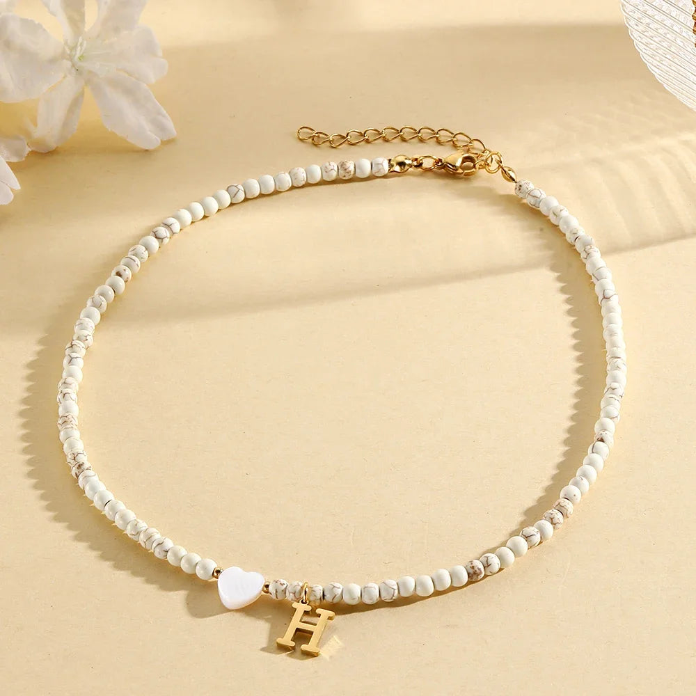 Bohemian Choker neck Initial necklaces heart-shaped shell letter pendant beads Women's stainless steel necklace woman trend2024