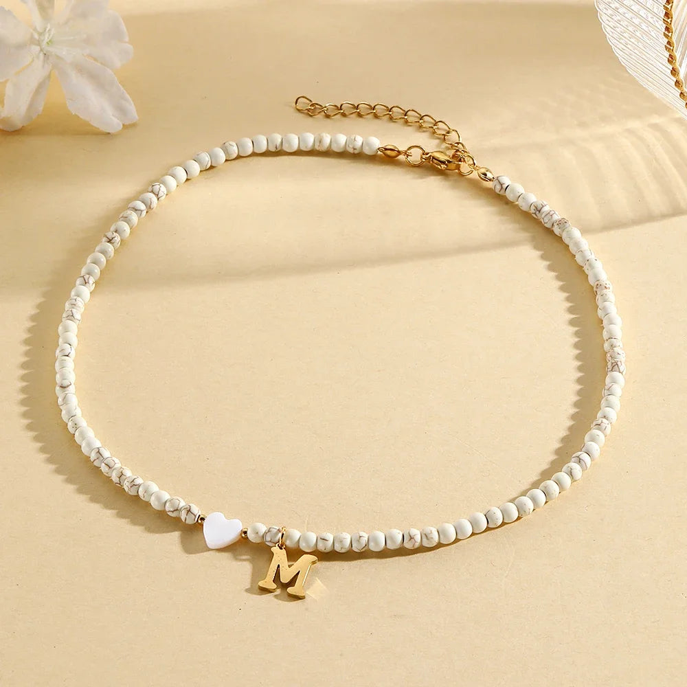 Bohemian Choker neck Initial necklaces heart-shaped shell letter pendant beads Women's stainless steel necklace woman trend2024