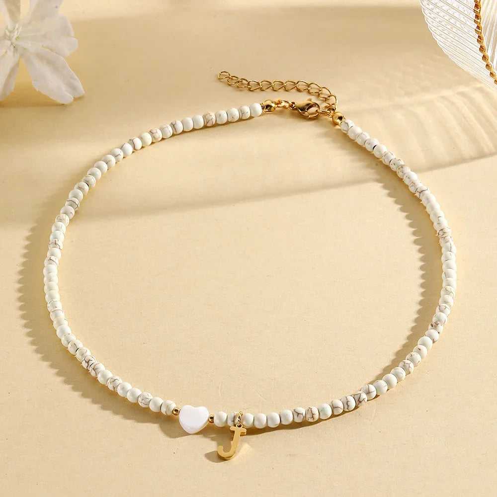 Bohemian Choker neck Initial necklaces heart-shaped shell letter pendant beads Women's stainless steel necklace woman trend2024