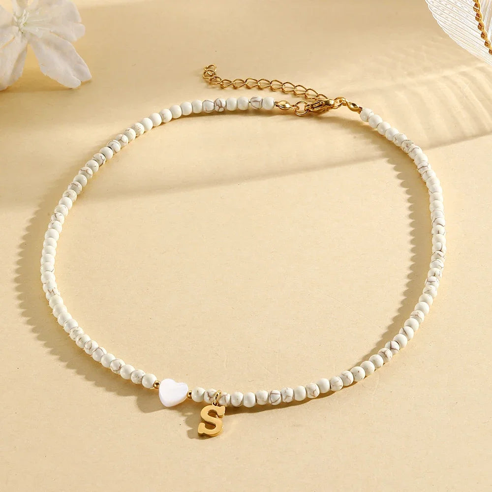 Bohemian Choker neck Initial necklaces heart-shaped shell letter pendant beads Women's stainless steel necklace woman trend2024