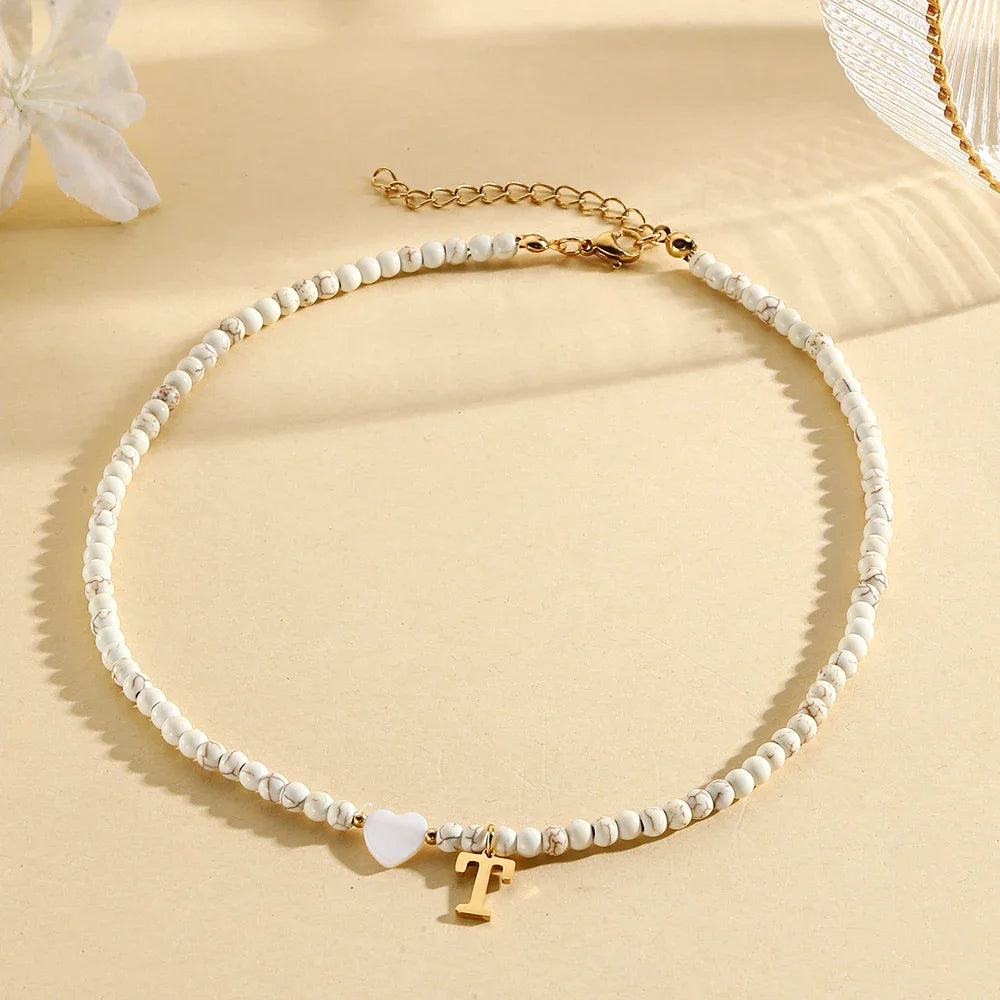 Bohemian Choker neck Initial necklaces heart-shaped shell letter pendant beads Women's stainless steel necklace woman trend2024