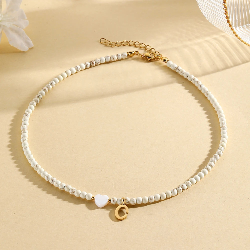Bohemian Choker neck Initial necklaces heart-shaped shell letter pendant beads Women's stainless steel necklace woman trend2024