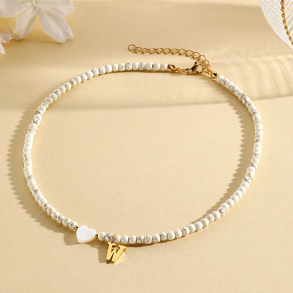 Bohemian Choker neck Initial necklaces heart-shaped shell letter pendant beads Women's stainless steel necklace woman trend2024