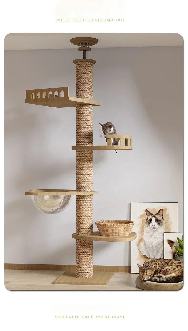 Cat Climbing Pole Sisal Large Frame Kitty Nest Cat Tree Integrated Kitten Scratcher  Board Solid Wood Jumping Platform Cat Toys