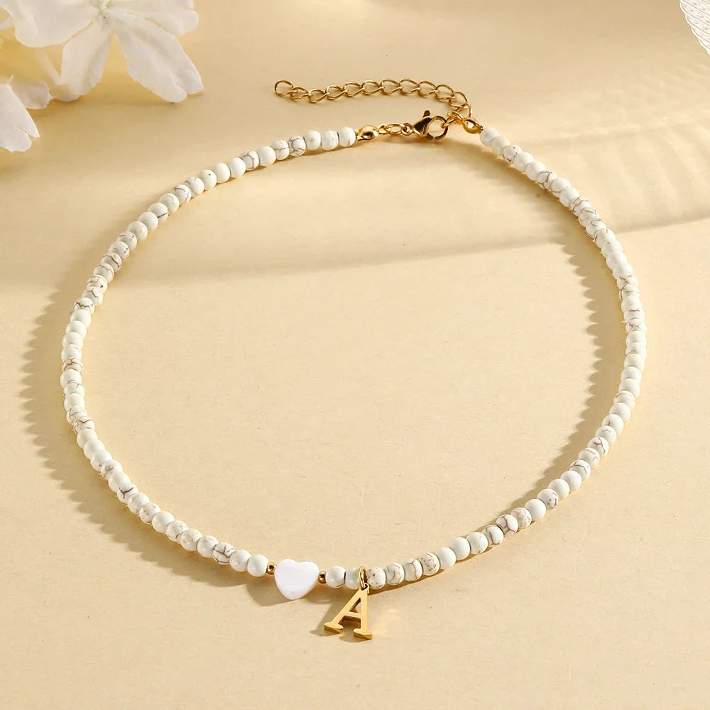 Bohemian Choker neck Initial necklaces heart-shaped shell letter pendant beads Women's stainless steel necklace woman trend2024